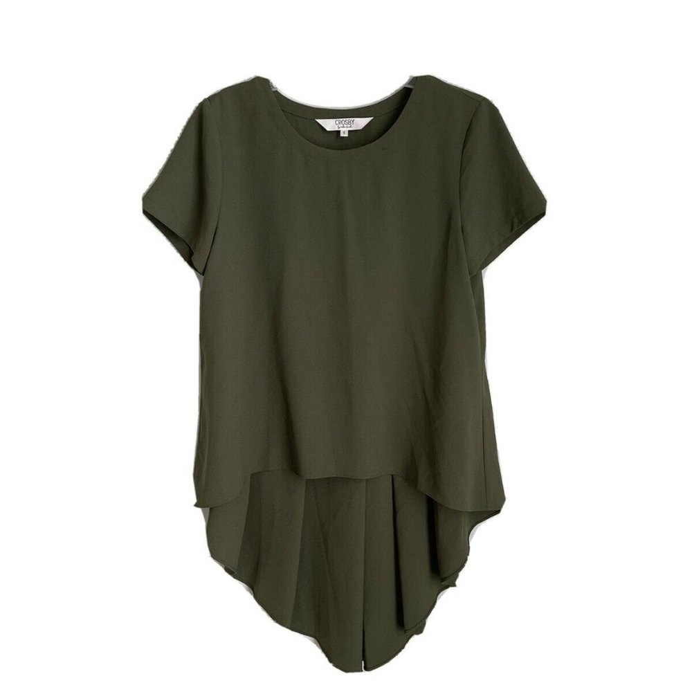 Crosby by Mollie Burch Green High Low Hem Short Sleeve Blouse Pleated Ba…